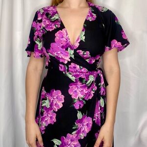 Purple & Black Floral Midi Wrap Dress